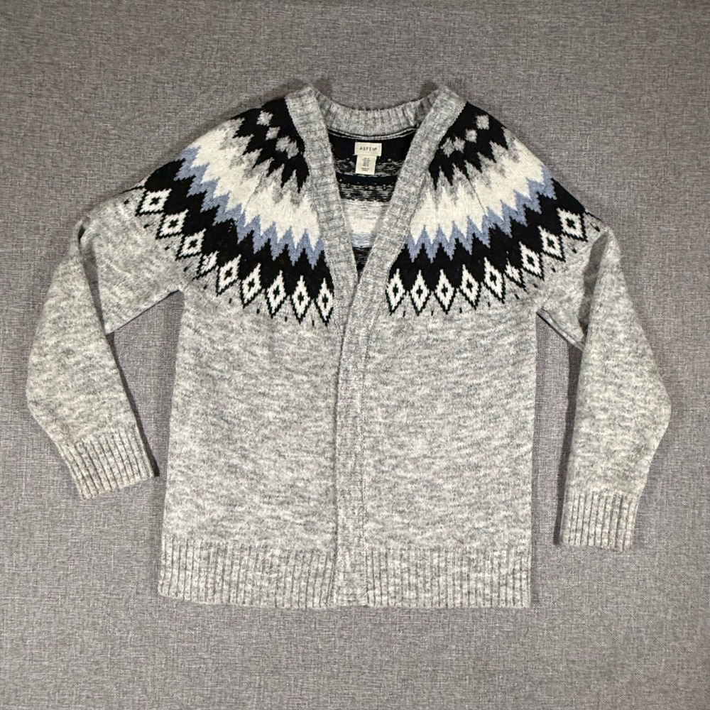 Aspen Fair Isle Cardigan Women Small Grey Nordic Sweater Open Front Cozy Cabin